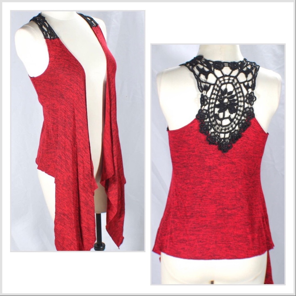 Y2K Red Open Vest with Black Crochet Back Design Size Small